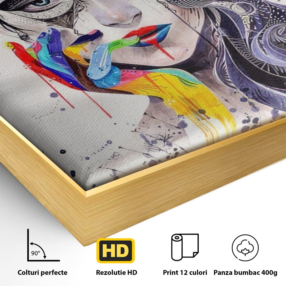 Detaliu al suprafetei: tablou canvas cu portret abstract feminin, in rama de aluminiu auriu